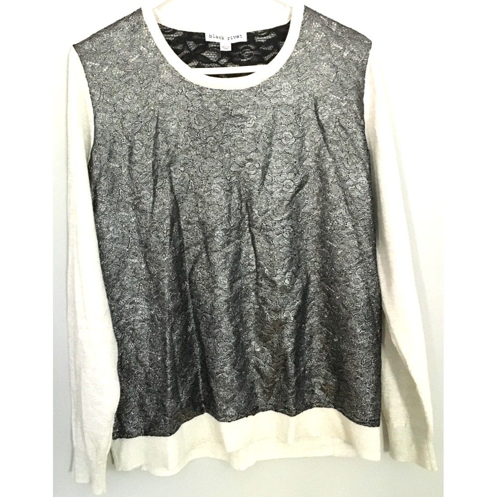 Black Rivet Sweater Womens Large Ivory Metallic Lace Front Pullover 98BC703 NWT